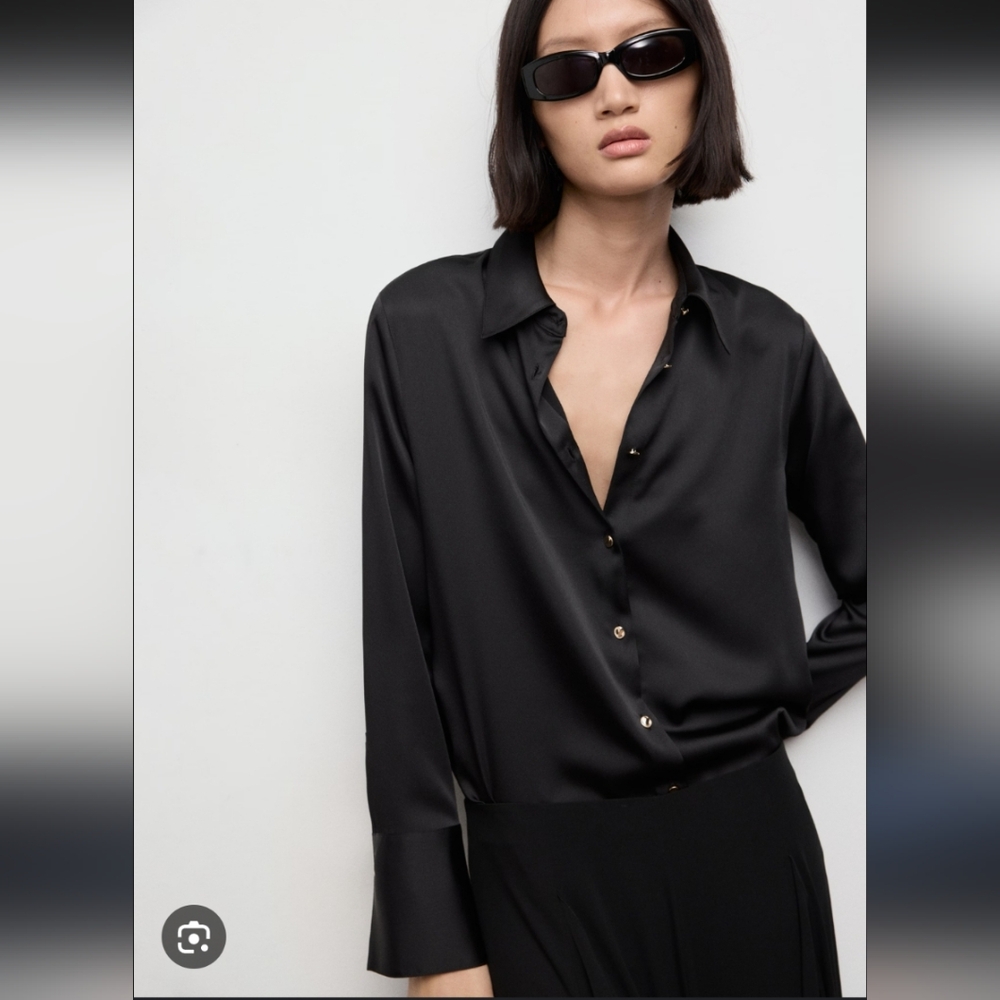 MNG Black Satin Button Up Shirt With French Cuffs